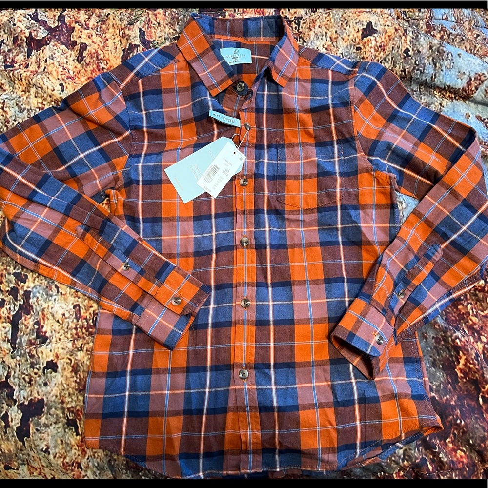 NWT Boys Class Club Blue & Orange Plaid Button-Up Shirt